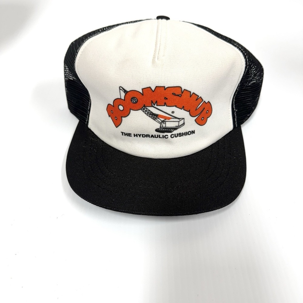 Vtg Mesh Snapback Trucker Hat BoomSnub Hydraulic Crane black white Construction